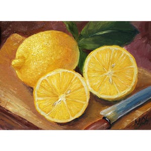 Lemon Painting Kitchen Artwork Original Art Fruit Oil Still Life (5x7 inch)
