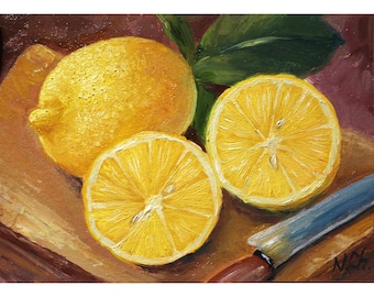 Lemon Painting Kitchen Original Art Fruit Oil Still Life (5x7 inch)