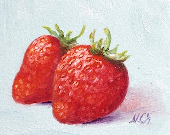 Strawberry Painting Kitchen Original Art Fruit Small Decor Wall Art Oil Artwork 4x4 inch