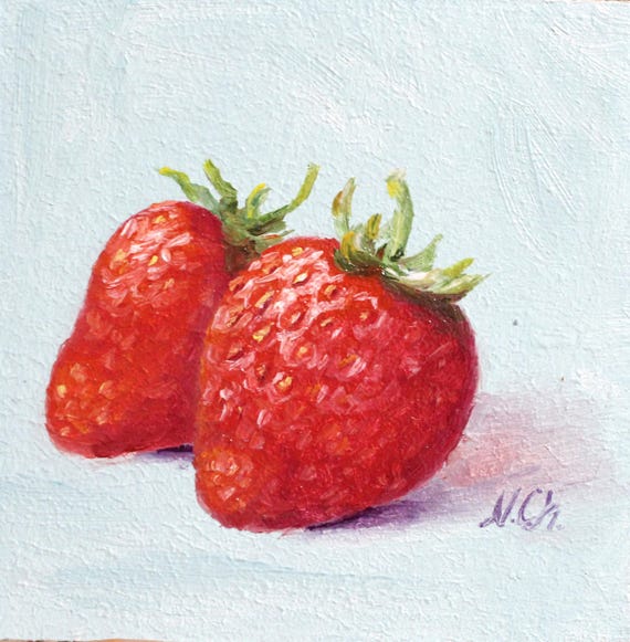 Strawberry Painting Kitchen Original Art Fruit Small Decor Wall Art Oil Artwork 4x4 inch