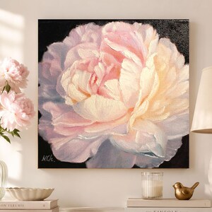 Peony oil painting. A close-up of a single, pale pink peony flower with a white center. The flower is painted in a realistic style with visible brushstrokes. The background is black.