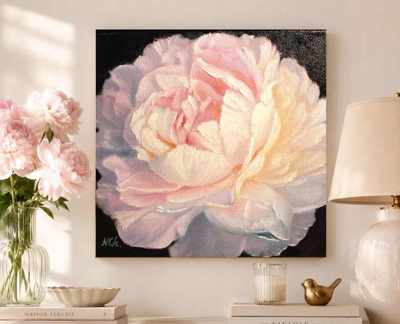 Peony oil painting. A close-up of a single, pale pink peony flower with a white center. The flower is painted in a realistic style with visible brushstrokes. The background is black.