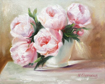 Peonies Painting Floral Original Art Flower Artwork Peony Oil Wall Art Decor 8x10 inches