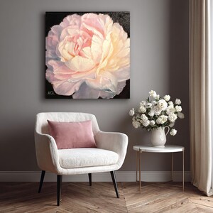 Peony oil painting. A close-up of a single, pale pink peony flower with a white center. The flower is painted in a realistic style with visible brushstrokes. The background is black.