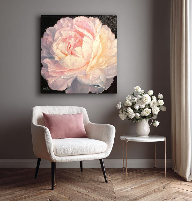 Peony oil painting. A close-up of a single, pale pink peony flower with a white center. The flower is painted in a realistic style with visible brushstrokes. The background is black.