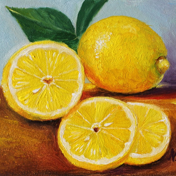 Lemon Painting Original Art Kitchen Decor Fruit Wall Art Oil Small Artwork 5x7 inches