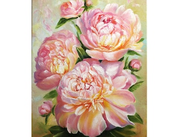 Peony Painting: Flower Original Art Floral Oil Artwork on Canvas Pink Wall Art 14x10"