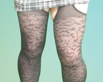 Black Suspender Tights Leaf Lace Pattern Micronet Open Crotch Stockings Medium - Large
