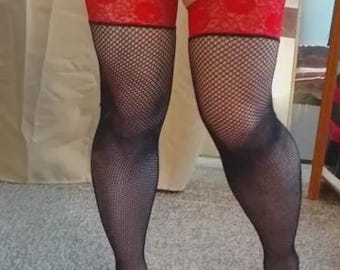 Red & Black Fishnet Suspender Tights: Lace Top Stockings XL/Tall