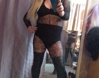 Black Fishnet Spider Web Bodystocking: Cyber Goth Catsuit - XL