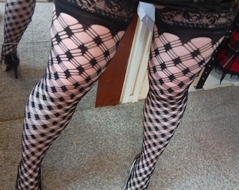 DRILL PATTERN LaceTop HoldUp Large Black Stockings Fence Crisscross Chain String