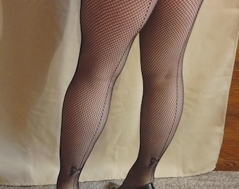 Black Fishnet Tights Classic Seams Vintage Style Large Tall  Waist Xl-Xxl Bows Ribbons Bows