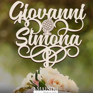 Cake topper matrimonio personalizzabile con nomi sposi e tema viaggio con mappamondo  I Maestri made in Italy