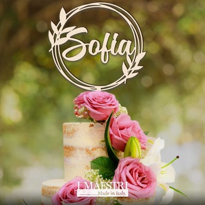 Ghirlanda cake topper con scritta in legno personalizzabile con nome per battesimo, comunione, cresima, laurea ecc Made in Italy I Maestri