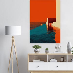 Póster de verano de Santorini, década de 1970, isla griega, arte mural, impresión costera retro, decoración mediterránea minimalista, obra de arte inspirada en viajes al Egeo.