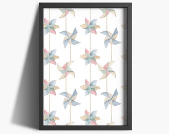 Nursery Decor Watercolour Paper Windmills Print | Baby Room Wall Art | Girls Room Decor | Nursery Wall Art | Posters For Nursery | Framed