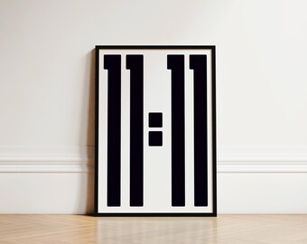 May include: Black and white print of the number 11:11 in a minimalist style. The print is framed in a black frame.