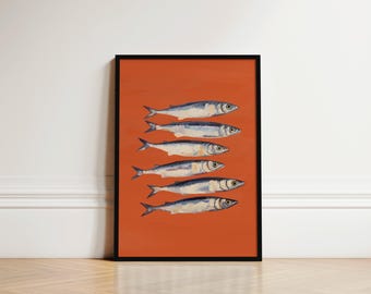 May include: A framed print of a minimalist illustration of six silver fish on an orange background.