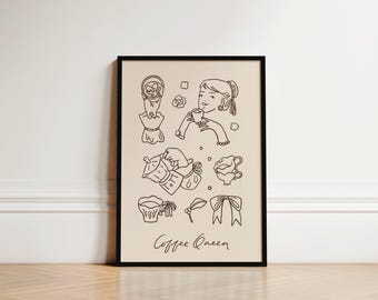 Coffee Queen Kitchen Print, Coffee Print, Hand Drawn Kitchen Print, Coffee Lover Gift Her, Kitchen Wall Art, Coffee Art, Coffee Shop Decor