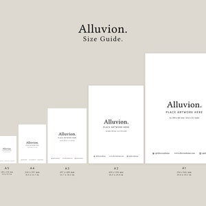 May include: A size guide for art prints, showing the different sizes available, from A6 to A1. The sizes are listed in inches and millimeters. The text "Alluvion. Place artwork here" is displayed on each size.
