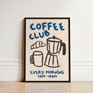 Impresión de cocina de Coffee Club, póster de cocina, impresión de café, impresión de cocina dibujada a mano, regalo para amigos, amantes del café, arte mural de cocina, arte de café