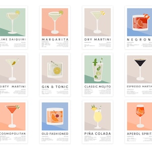 Impresión de cócteles, póster de cócteles clásicos, arte mural de cocina, arte de cócteles, impresiones de cocina, regalo de cóctel, decoración de cocina, impresión de carrito de bar para el hogar