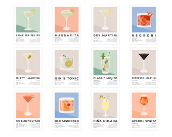 Classic Cocktails Poster Prints Kitchen Wall Art, Cocktails Poster, Cocktail Art, Cocktail Gift, Gift For Her, Kitchen Decor, Home Bar Decor