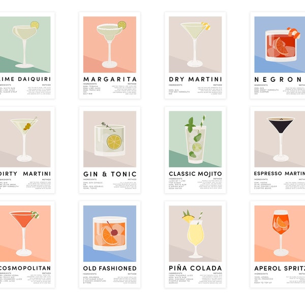 Classic Cocktails Poster Prints Kitchen Wall Art, Cocktails Poster, Cocktail Art, Cocktail Gift, Gift For Her, Kitchen Decor, Home Bar Decor
