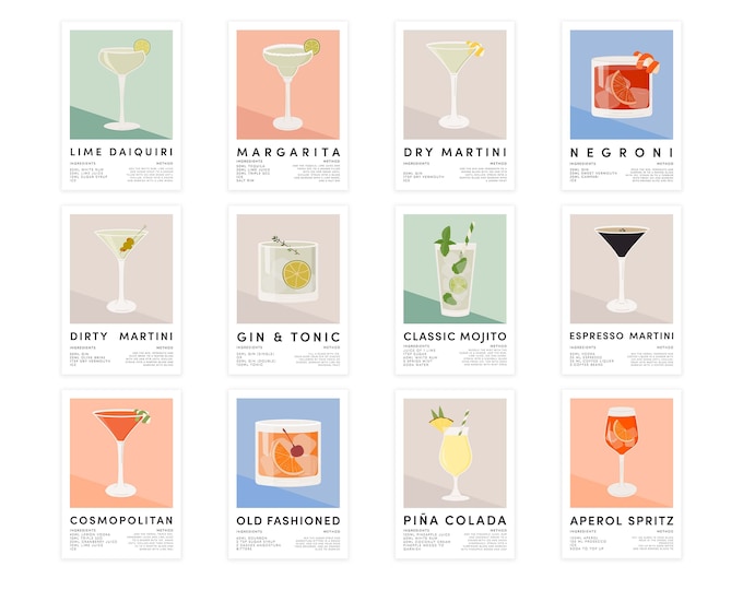 Classic Cocktails Poster Prints Kitchen Wall Art, Cocktails Poster, Cocktail Art, Cocktail Gift, Gift For Her, Kitchen Decor, Home Bar Decor