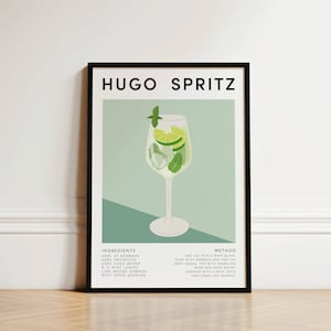 Impresión de Hugo Spritz, impresión de cóctel, impresiones de cocina, póster de cóctel, decoración de cocina, regalo de cóctel, arte de pared de cocina, arte de cóctel Hugo Spritz