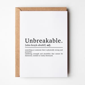 Carte de motivation, définition incassable, nouvelle carte de travail, nouvelle carte de visite, nouvelle carte d'entreprise, carte d'inspiration, carte d'anniversaire de positivité