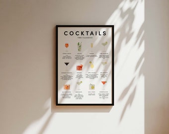 Classic Cocktails Print, Cocktails Poster, Cocktails Art, Cocktail Gifts, Cocktail Lover Gift, Cocktail Guide, Cocktail Menu, Kitchen Art