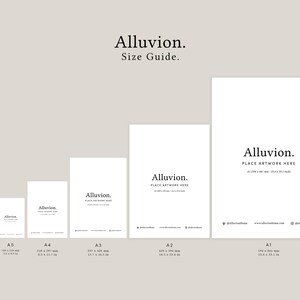 May include: A size guide for art prints, showing the different sizes available, from A6 to A1. The sizes are listed in inches and centimeters.