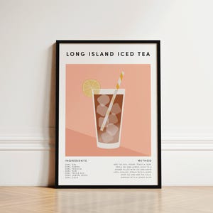 Impresión de té helado Long Island, impresión de cóctel, póster de cóctel, impresiones de cocina, regalo de cóctel, arte mural de cocina, receta de cóctel, arte de cóctel