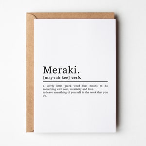 Carte inspirée de motivation de définition de Meraki | Nouvelle carte de travail | Cartes de motivation | carte d'anniversaire d'amis | Carte de positivité | A6