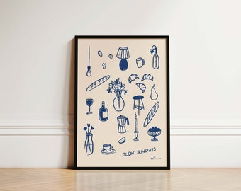 Slow Sundays Kitchen Print, Kitchen Poster, Coffee Print, Hand Drawn Kitchen Print, Gifts, Coffee Lover, Kitchen Wall Art, Boho Wall Art