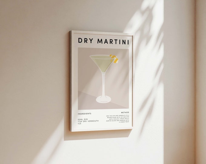 Dry Martini Cocktail Print, Kitchen Bar Drink Poster, Dining Room Wall Art, Home Bar Accessories, Mixology Recipe, Best Friend Gift, For Her