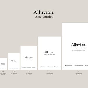 May include: A size guide for art prints, showing the different sizes available, from A6 to A1. The sizes are listed in inches and centimetres.