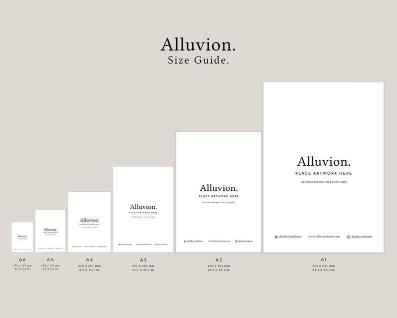 May include: A size guide for art prints, showing the different sizes available, from A6 to A1. The sizes are listed in inches and centimetres.