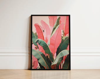 Pink Tropical Leaves Wall Art, Bold Botanical Print, Island Luxe Bathroom Decor, Boho Jungle Poster, Resortcore Plant Illustration, Botanic