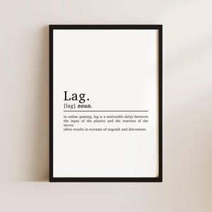May include: A black and white printable definition of the word "lag" as it relates to online gaming. The definition states that lag is a noticeable delay between the input of the players and the reaction of the server, often resulting in screams of anguish and discontent.