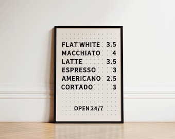 Coffee Menu Board Print, Kitchen Wall Art