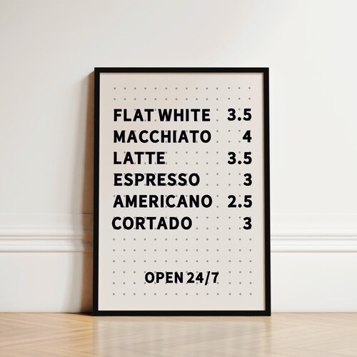 Coffee Menu Board Print, Kitchen Wall Art
