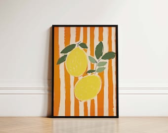 Mid Century Striped Kitchen Print, Lemon Print, Colourful Kitchen Print, Italy Print, Fruit Print, Boho Kitchen Wall Art, Summer Wall Decor