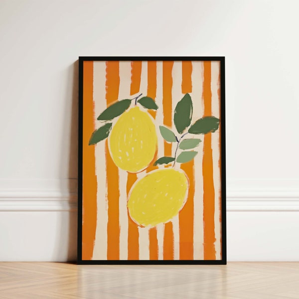 Mid Century Striped Kitchen Print, Lemon Print, Colourful Kitchen Print, Italy Print, Fruit Print, Boho Kitchen Wall Art, Summer Wall Decor