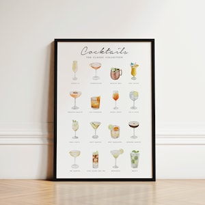 Impresión de menú de cócteles clásicos, póster de cócteles, arte de cócteles en acuarela, regalo para amantes de los cócteles, guía de cócteles, menú de cócteles, impresiones de cocina