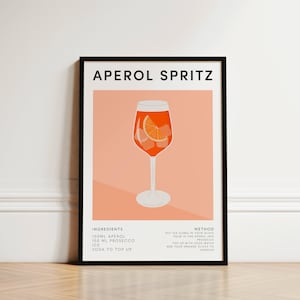 Impresión de cóctel Aperol Spritz, póster de cóctel, impresión de mixología con receta de cóctel, impresión de cocina, arte de pared de cocina, decoración de carrito de bar, regalo para ella
