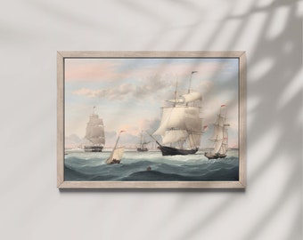 Vintage New York Harbour | Muted tones | Oil painting print | Sailboat wall art antique style