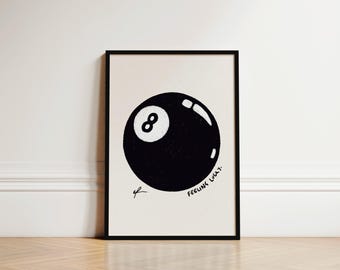 Lucky 8 Ball Print, Manifestation Print, Feeling Lucky Poster, Hand Drawn Artwork, Positive Vibes Print, Dopamine Decor, Oil Pastel Artwork