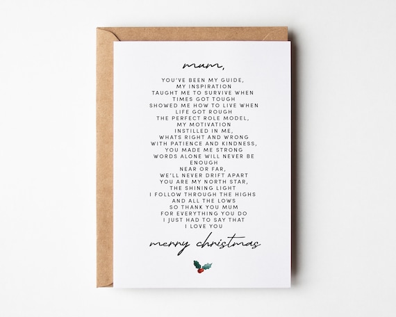 Thank You Mum At Christmas Mum Christmas Card Poem, Merry